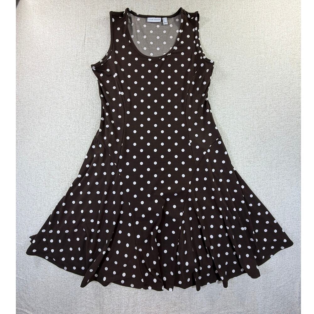 Susan Graver Women M Brown White Dot Liquid Knit Flare Pretty Woman Sundress